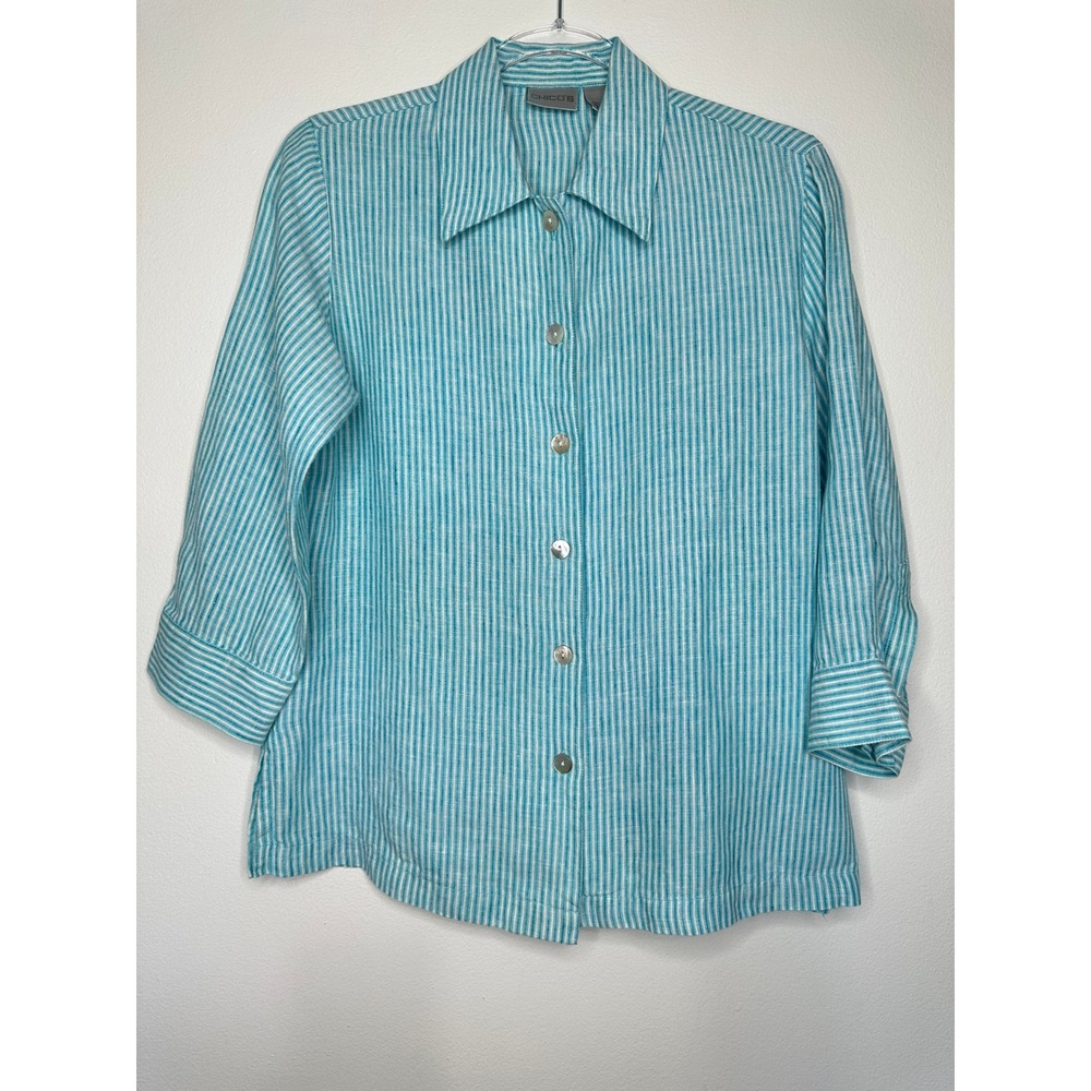 Chicos Linen Striped Button Down Shirt Size S Blue White 3/4 Sleeve Preppy 0